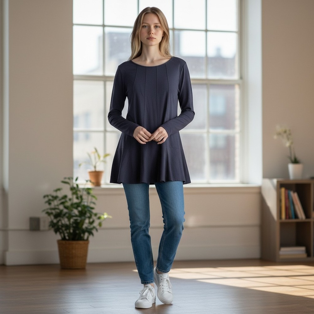 COS Womens Navy Blue Long Sleeve Paneled Flared Tunic Top Size L Jersey Knit